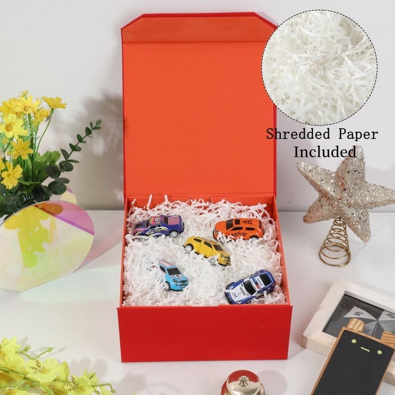 PACKGILO 1 Pcs 8x8x4 Inch Red Gift Box Small Gift Box with Shredded Paper Magnetic Box with Crinkle Paper Red Luxury Gift Boxes with Lids for Presents - Image 2